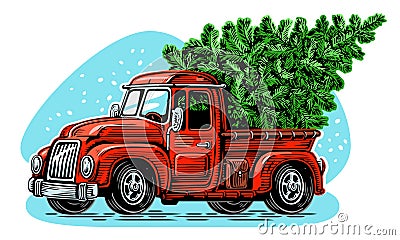 Christmas red retro truck with green pine tree. Happy holidays vector illustration Vector Illustration