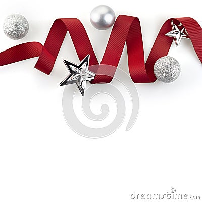 Christmas red ribbon decorate with silver glitter ornament balls Stock Photo