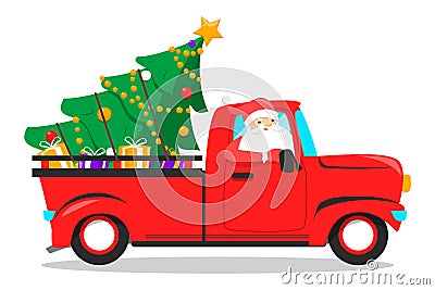 Christmas red truck and tree. Greeting card, december holiday Stock Photo