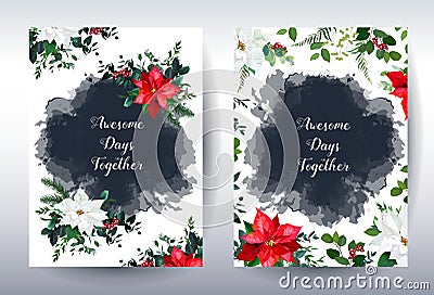 Christmas red and white poinsettia, emerald greenery, berry and watercolor navy splash Vector Illustration