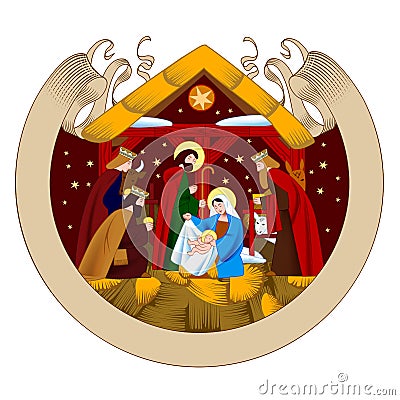 Christmas reeting card with a scene of the Nativity of Christ and Adoration of the Magi and retro ribbon banner isolated on white Vector Illustration