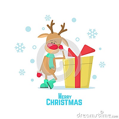 Christmas reindeer and present. Vector illustration of a cartoon reindeer isolated on white background. Cartoon Illustration