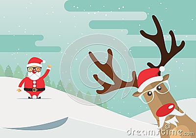 Christmas reindeer red nose with winter landscape. Vector Illustration