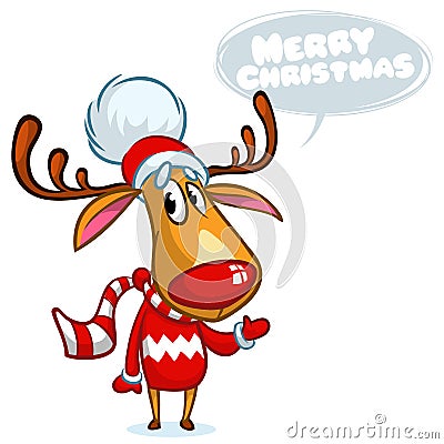 Christmas rudolph red nose reindeer in Santa hat with speech bubble. Vector illustration on white background Vector Illustration