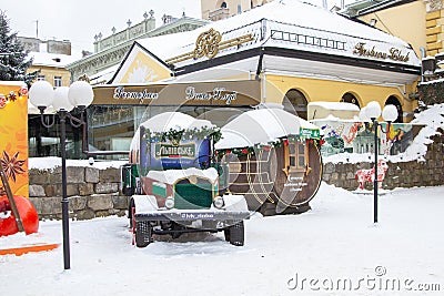 Christmas retro car in the city,7 January 2019 Ukraine Lviv,Christmas in Lviv with snow on an old car Editorial Stock Photo