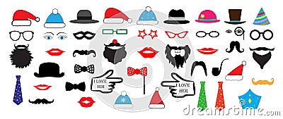 Christmas Retro Party set - Glasses, hats, lips, mustaches, masks Vector Illustration