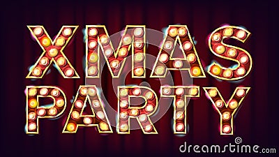 Christmas Retro Party Sign Vector. Realistic Retro Shine Lamp Bulb. Poster, Flyer, Banner, Brochure Template. Christmas Vector Illustration