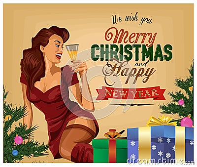 Christmas retro poster. Pin Up Girl with champagne Vector Illustration