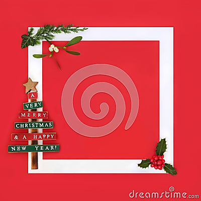 Christmas Retro Tree and Winter Flora Background Frame Stock Photo