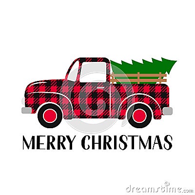 Christmas retro truck. Red buffalo plaid pattern. Vintage pickup delivers tree. Vector template for winter holidays Vector Illustration