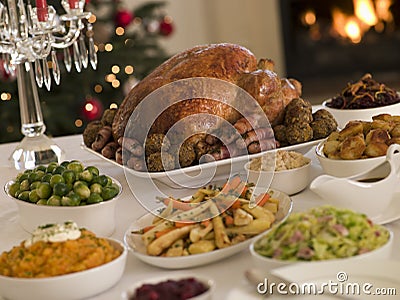 Christmas Roast Turkey with all the Trimmings Stock Photo