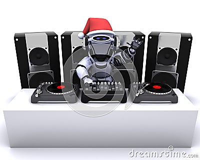 Christmas Robot DJ mixing records on turntables Stock Photo