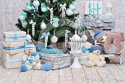 Christmas room decoration in blue and mint colors Stock Photo