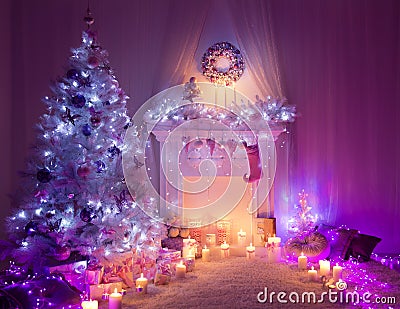 Christmas Room Fireplace Tree Lights, Xmas Interior Home Decor Stock Photo