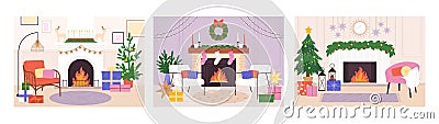 Christmas room with fireplace. Xmas atmosphere, holiday rooms interiors with gifts, chairs and decorations. Elegant Vector Illustration
