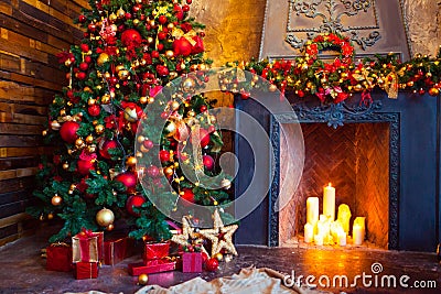 Christmas Room Interior Design, Xmas Tree Decorated By Lights Pr Stock Photo