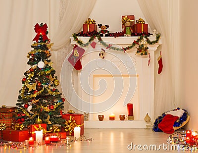 Christmas Room Interior Design, Xmas Tree Decorated By Lights Stock Photo