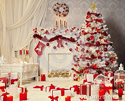Christmas Room Interior, White Xmas Tree, Fireplace Decoration Stock Photo