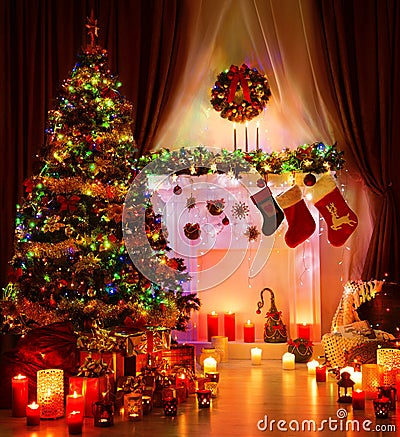 Christmas Room and Lighting Xmas Tree, Magic Interior Fireplace Stock Photo