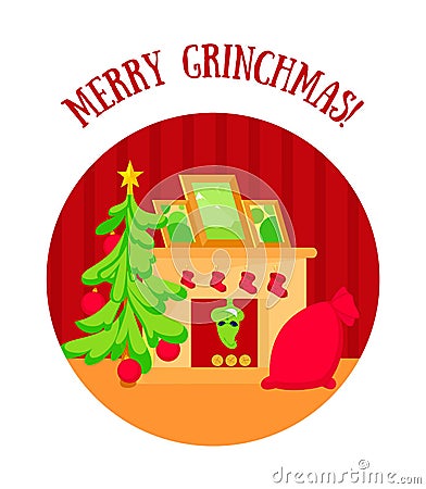 Christmas room with tree, fireplace, and gifts in red bag. Grinch climbs the chimney in the fireplace. Vector Illustration