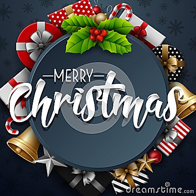 Christmas round frame with holly berry and gift box on dark blue background Vector Illustration