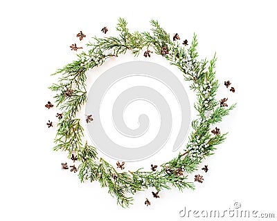 Christmas round frame made of evergreens and cones Stock Photo