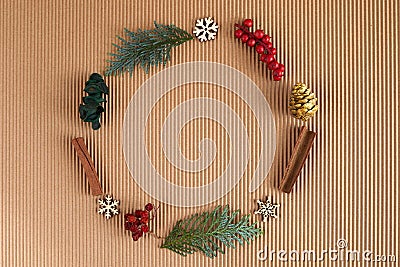 Christmas round frame made of natural nature things. Flat lay. Top view Stock Photo