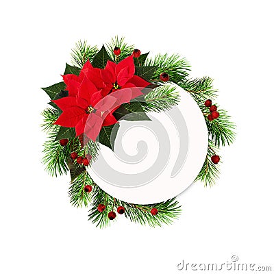 Christmas round frame with red poinsettia flowers, pine twigs an Stock Photo