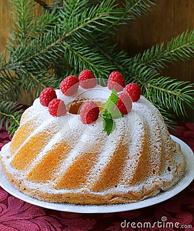 Christmas round sponge cake Stock Photo