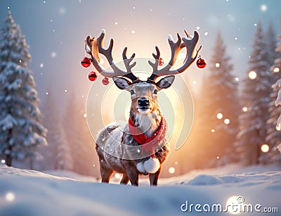 Christmas Rudolph reindeer in winter forest Stock Photo