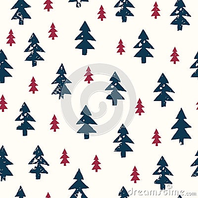 Christmas Rustic Festive Hand-Stamped Fir Trees Vector Seamless Pattern Vector Illustration