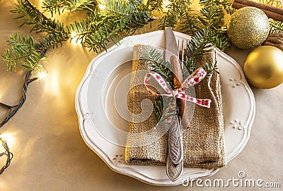 Christmas rustic setting, festive holiday dining table with fork Stock Photo