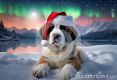 Christmas - Saint Bernard Puppy dog Santa Claus hat - AI generated Stock Photo