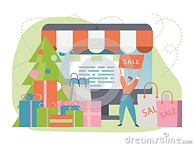 Christmas sale ad concept vector illustration, cartoon tiny flat man character advertising holiday offer discounts for Vector Illustration