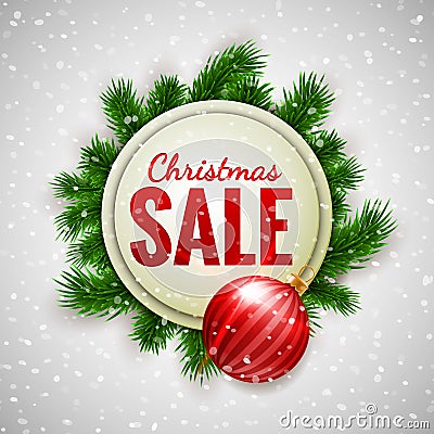 Christmas sale advertising white banner decorated with fir branches and red bauble on show background, winter sale Vector Illustration