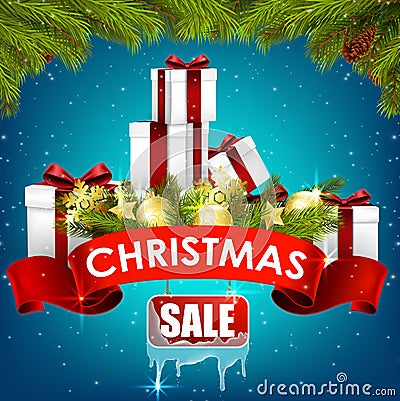 Christmas sale background with gift boxes, golden balls, pine tree and realistic ribbon Vector Illustration