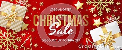 Christmas sale banner with christmas elements on red background. Vector Illustration