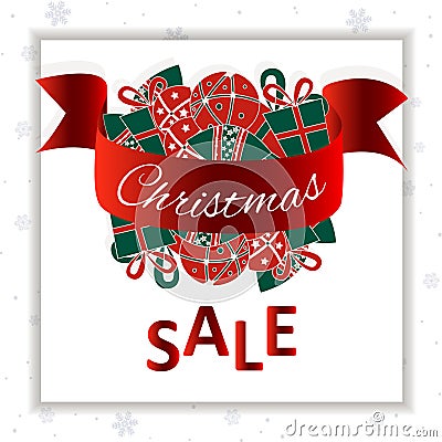 Christmas sale banner. Christmass balls on a white snowflakes background. Social media ready Stock Photo