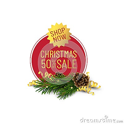 Christmas Sale banner with cone,pine, gold ribbons. Offer tage Vector Illustration