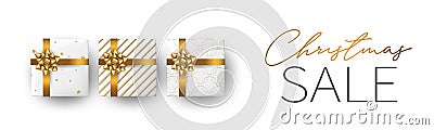 Christmas sale banner or header background. Xmas celebration white luxury design with presents. Winter holiday concept. Realistic Vector Illustration