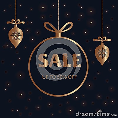 Christmas sale banner, poster, price tag. Vector illustration with golden xmas balls, snowflakes and text on isolated black Cartoon Illustration