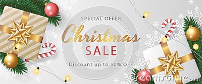 Christmas sale banner template with realistic christmas elements. Vector Illustration