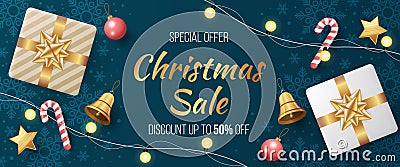 Christmas sale banner template with realistic christmas elements. Vector Illustration