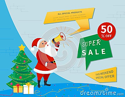 Christmas sale banner template, Santa Claus with megaphone, decorated Christmas tree. Special offer, holiday discount banner 50 pe Stock Photo