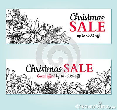 Christmas sale banner. Vector hand drawn illustration. Xmas plants and symbols. Vector Illustration