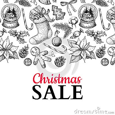 Christmas sale banner. Vector hand drawn illustration. Xmas plants and symbols. Vector Illustration