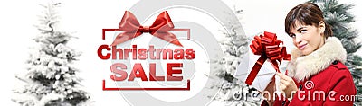 Christmas sale banner woman with gift box on white background wi Stock Photo