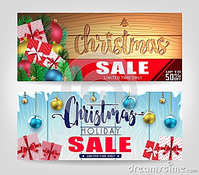 Christmas Sale Banners Set with Different Designs and Wooden Background Vector Illustration