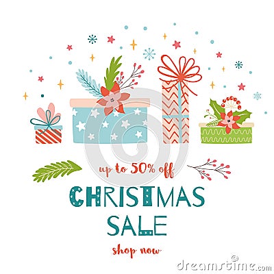 Christmas Sale design templ Gift present boxes text Christmas Sale Discount banner Cute Gifts heap Vector stock Stock Photo