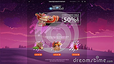 Christmas sale design website template with discount banner, beautiful icons and winter landscape on the background Vector Illustration